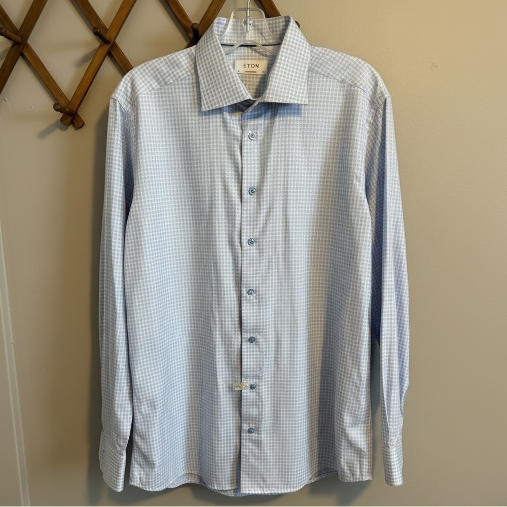 Eton Contemporary Blue Geometric Zig Zag Dress Shirt 17.5